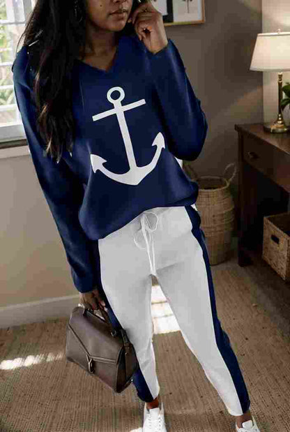 anchor print v neck long sleeve t shirt trousers two piece suit 113778