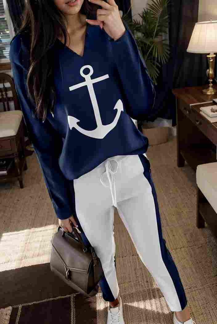 anchor print v neck long sleeve t shirt trousers two piece suit 112705