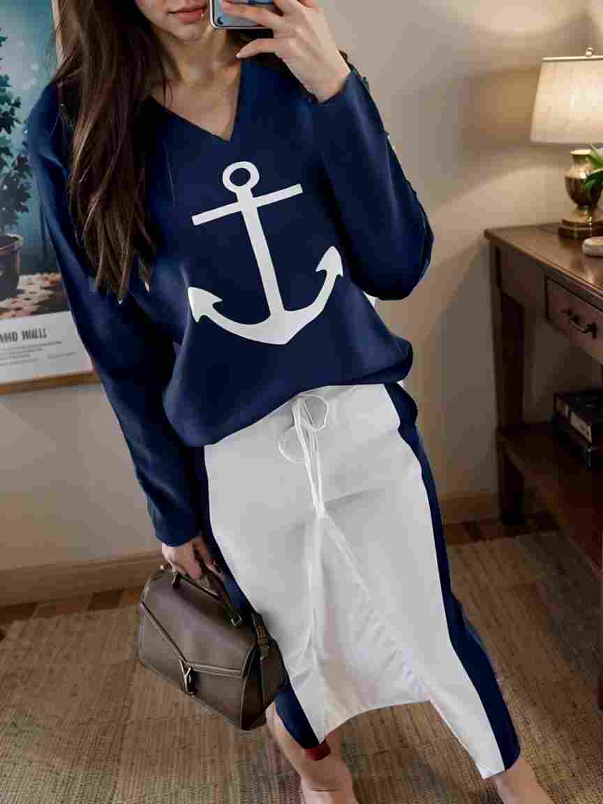 anchor print v neck long sleeve t shirt trousers two piece suit 102777