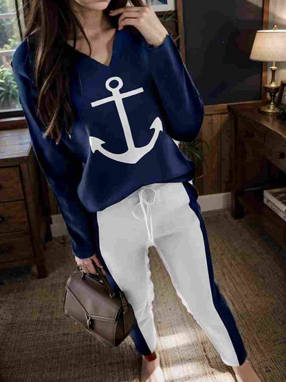 anchor print v neck long sleeve t shirt trousers two piece suit 131650