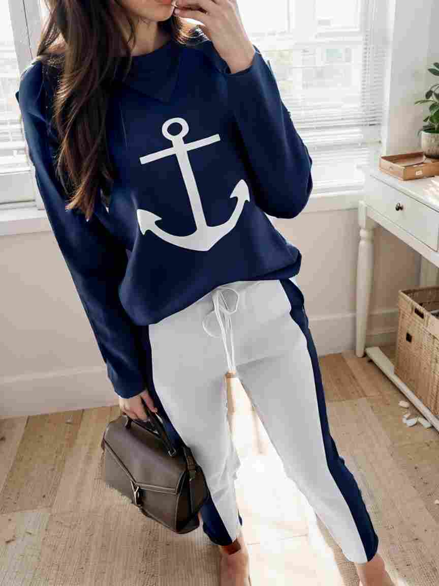 anchor print v neck long sleeve t shirt trousers two piece suit 124693