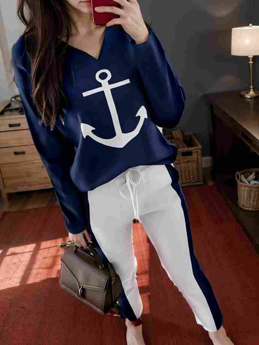 anchor print v neck long sleeve t shirt trousers two piece suit 123503