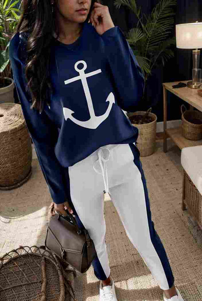 anchor print v neck long sleeve t shirt trousers two piece suit 112887