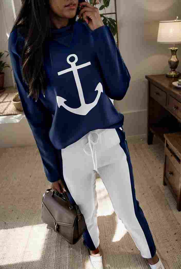 anchor print v neck long sleeve t shirt trousers two piece suit 103428