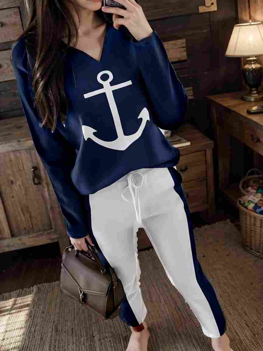 anchor print v neck long sleeve t shirt trousers two piece suit 149138