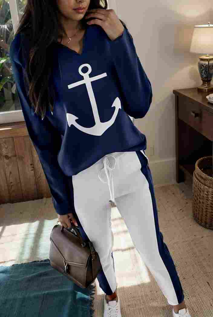 anchor print v neck long sleeve t shirt trousers two piece suit 131334