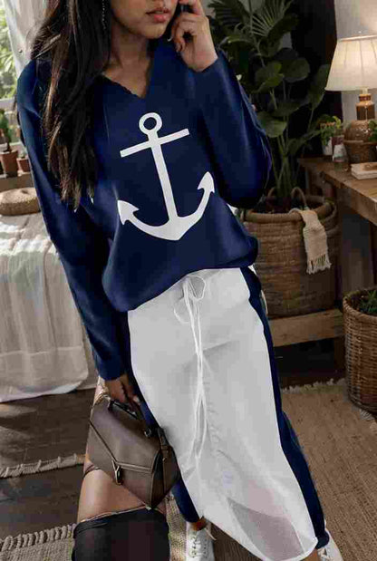 anchor print v neck long sleeve t shirt trousers two piece suit 116973