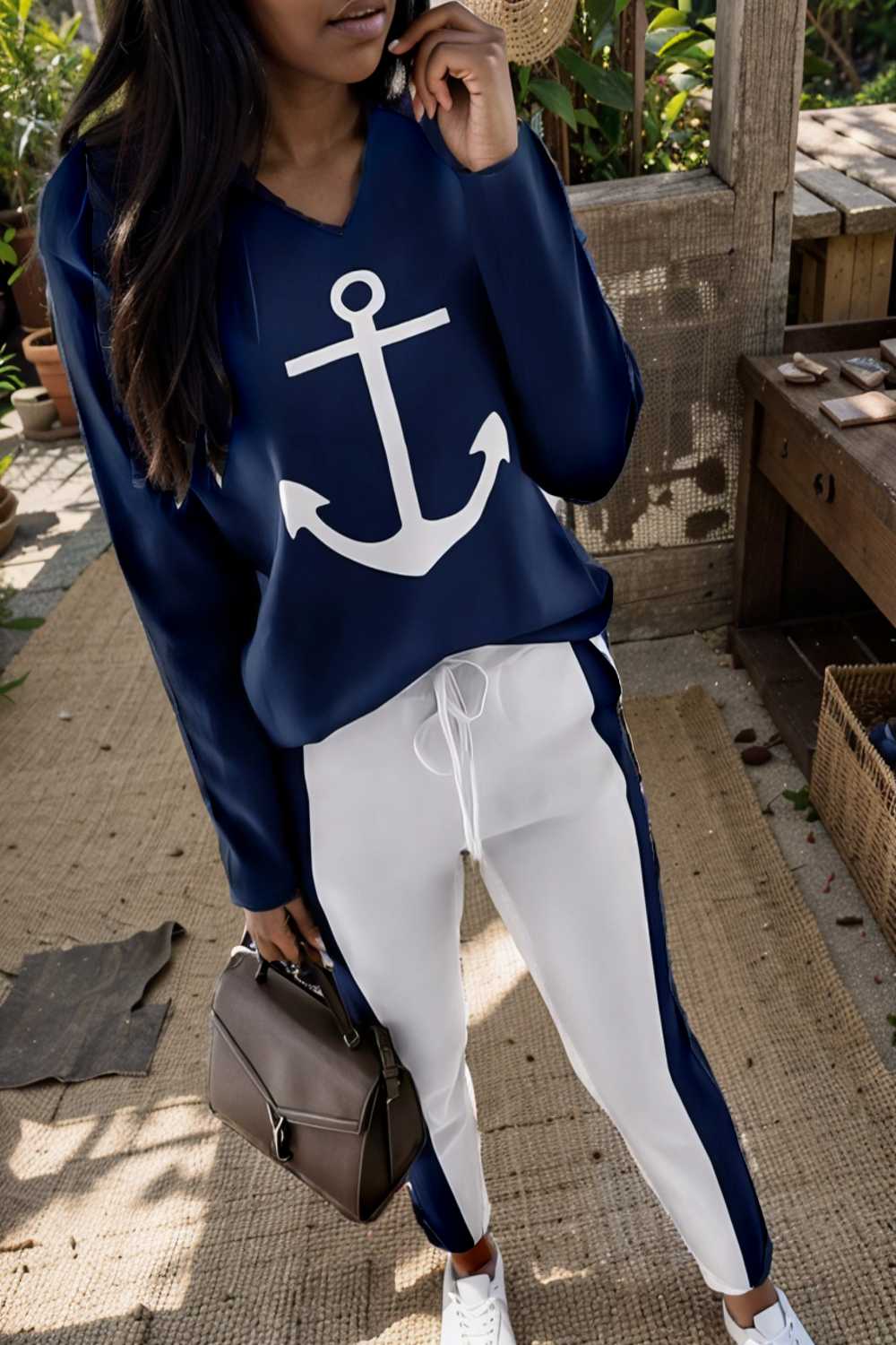 anchor print v neck long sleeve t shirt trousers two piece suit 107246