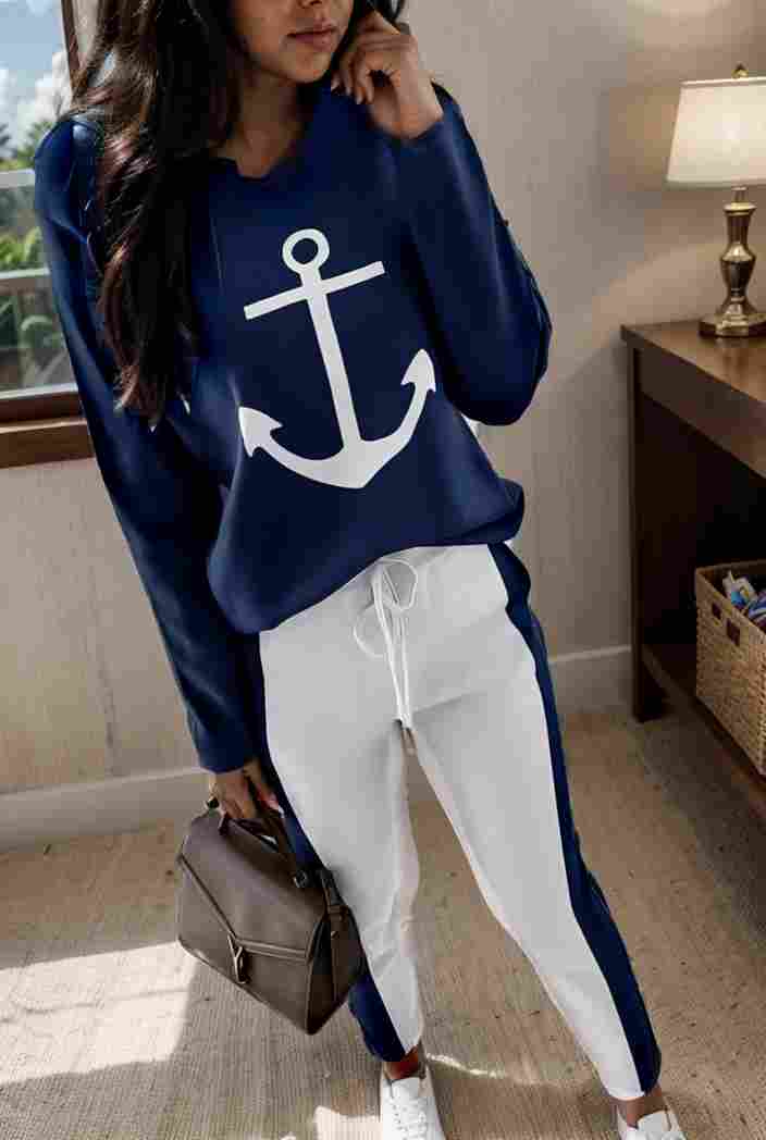 anchor print v neck long sleeve t shirt trousers two piece suit 109506