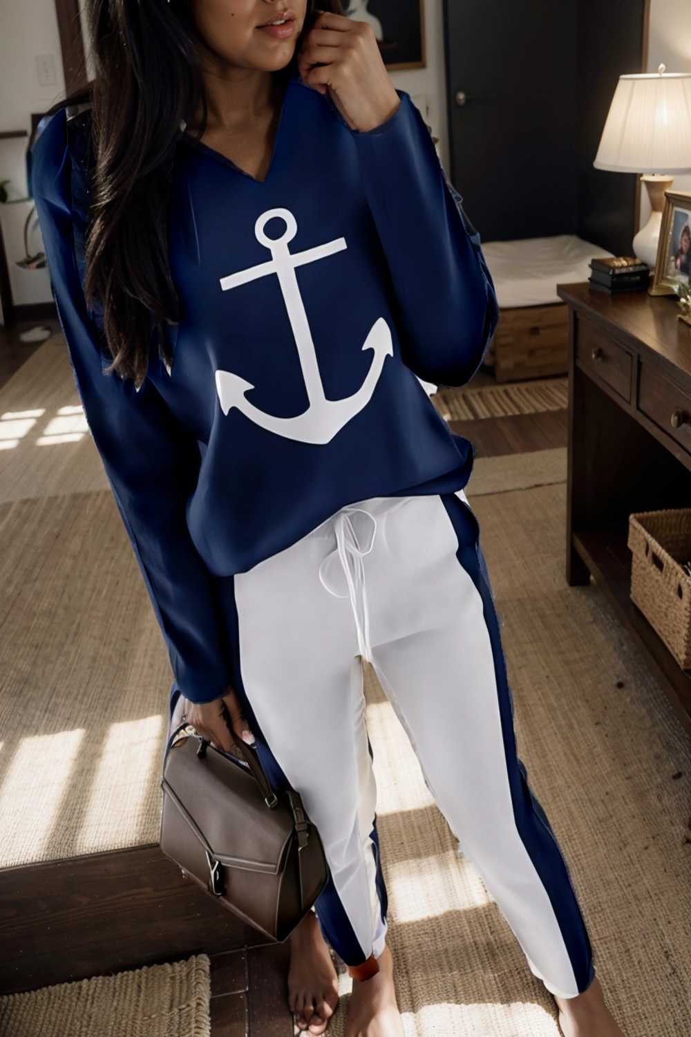 anchor print v neck long sleeve t shirt trousers two piece suit 126804