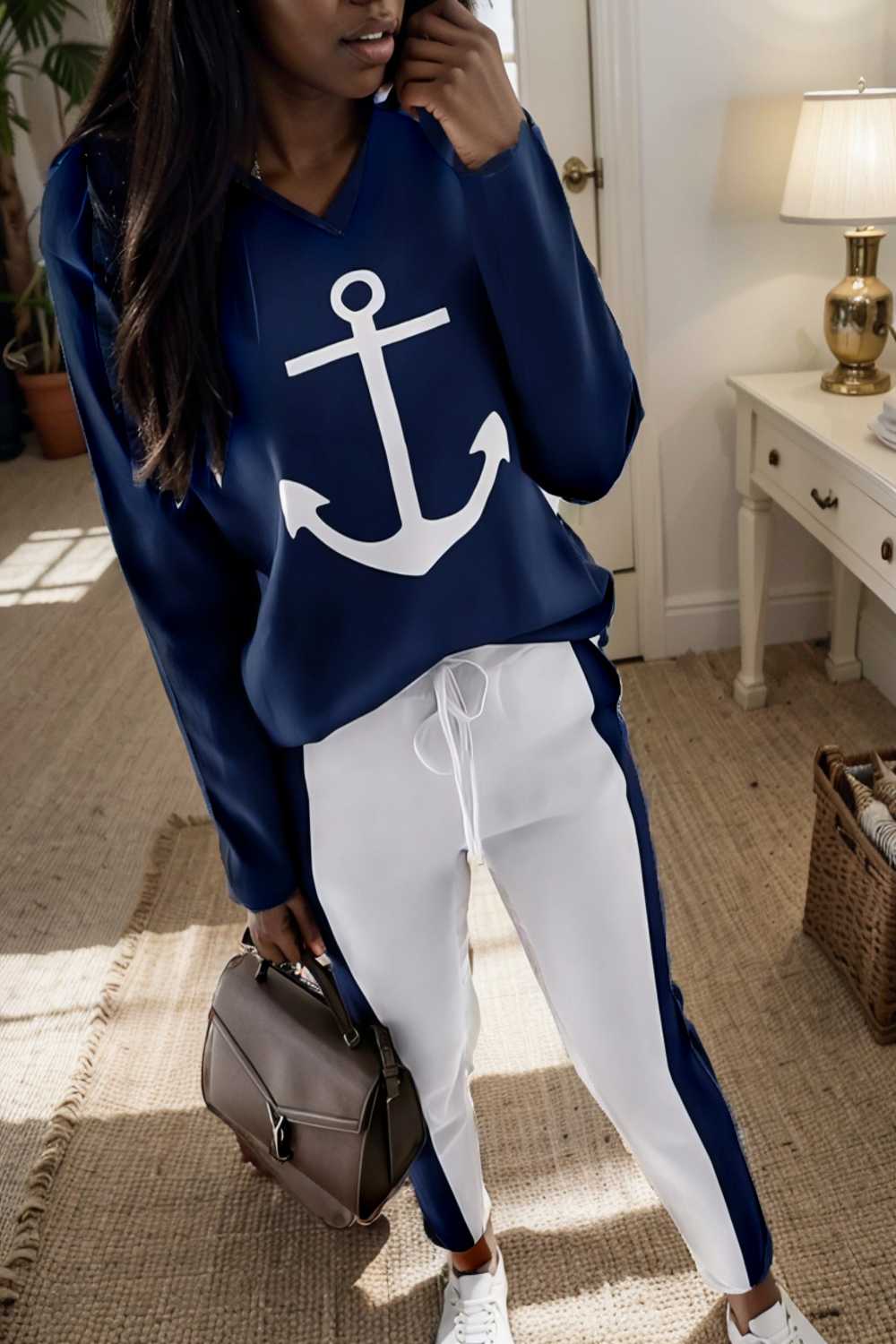 anchor print v neck long sleeve t shirt trousers two piece suit 122963