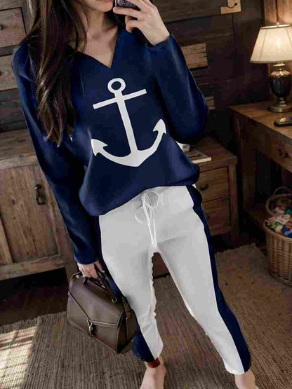 anchor print v neck long sleeve t shirt trousers two piece suit 130712