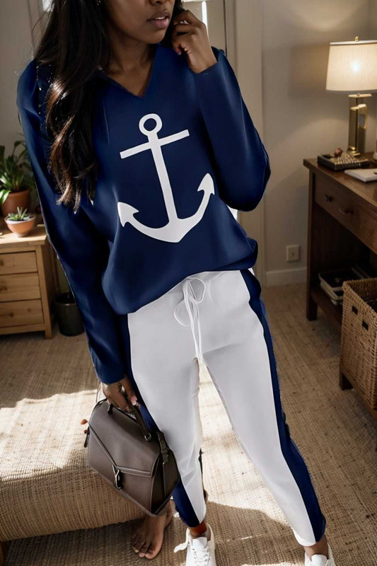 anchor print v neck long sleeve t shirt trousers two piece suit 109083