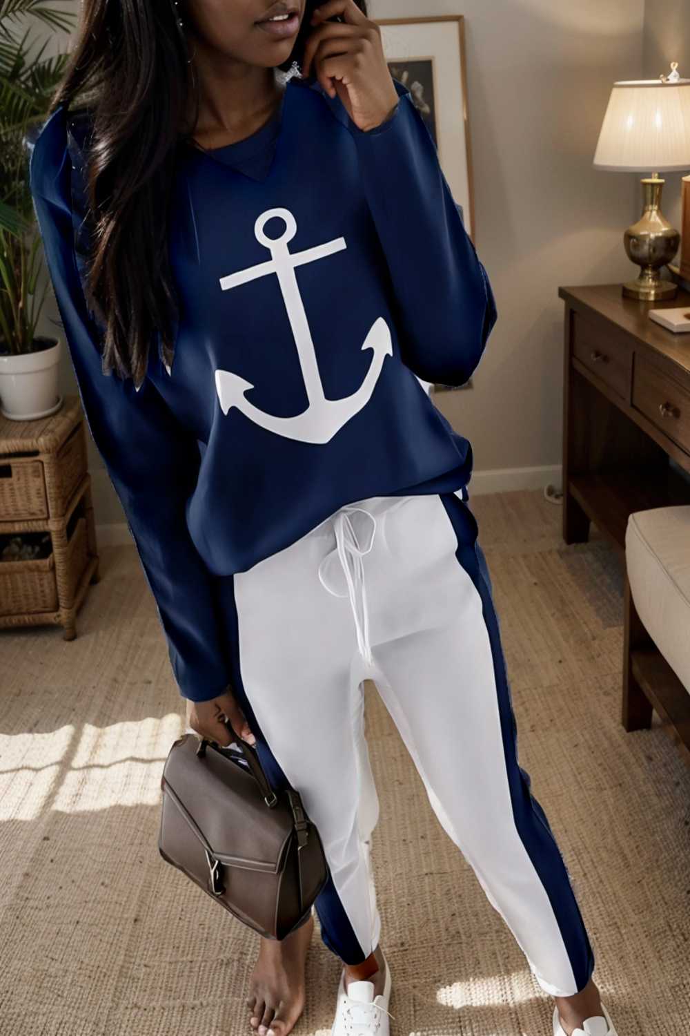 anchor print v neck long sleeve t shirt trousers two piece suit 106680