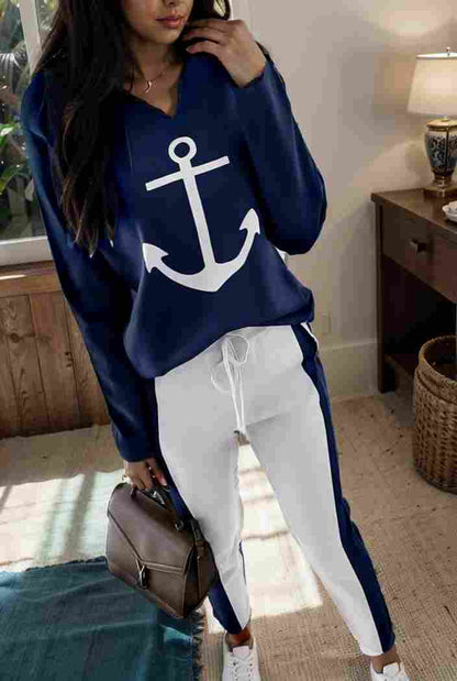 anchor print v neck long sleeve t shirt trousers two piece suit 128555