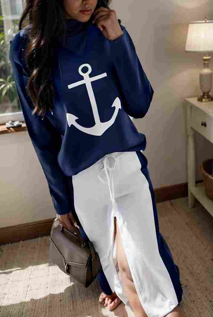 anchor print v neck long sleeve t shirt trousers two piece suit 112133