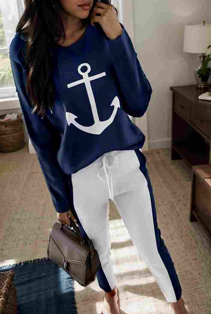 anchor print v neck long sleeve t shirt trousers two piece suit 145210