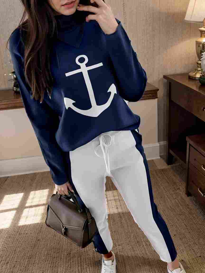 anchor print v neck long sleeve t shirt trousers two piece suit 108085