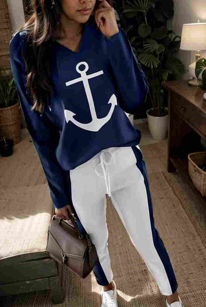 anchor print v neck long sleeve t shirt trousers two piece suit 111326