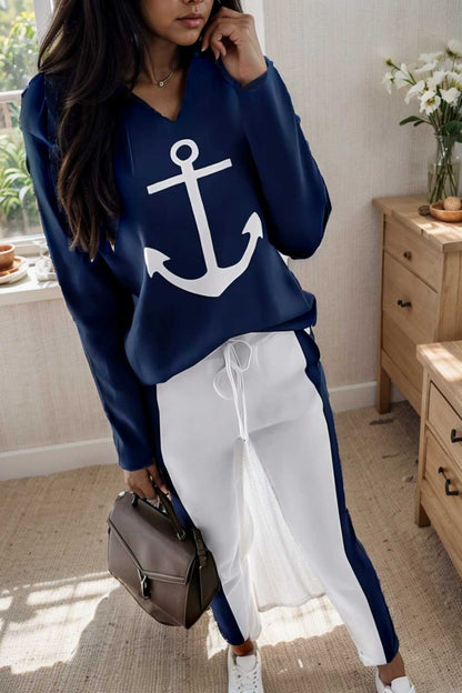 anchor print v neck long sleeve t shirt trousers two piece suit 102597