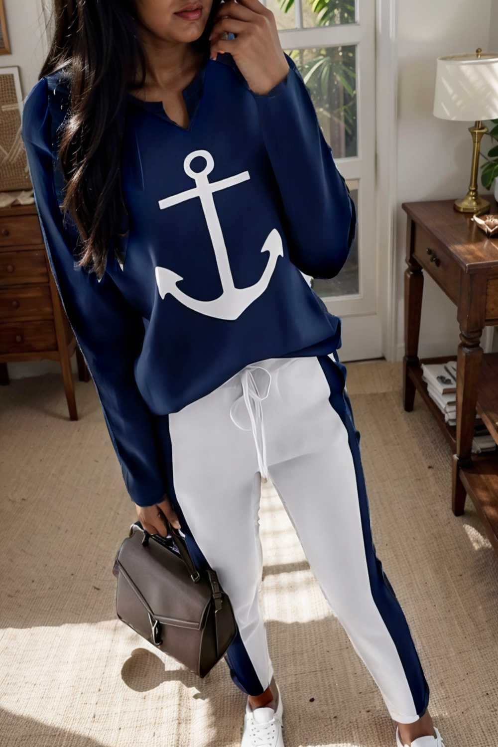 anchor print v neck long sleeve t shirt trousers two piece suit 129575