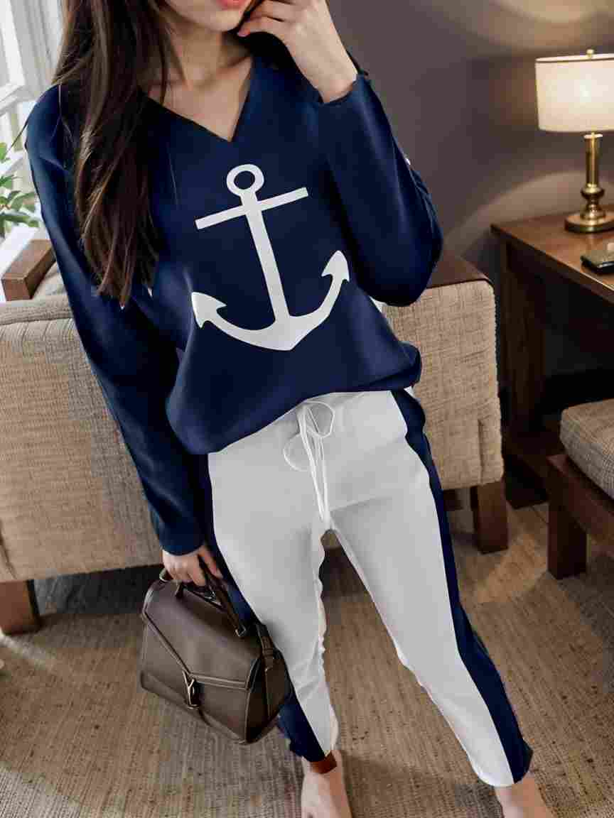 anchor print v neck long sleeve t shirt trousers two piece suit 132076