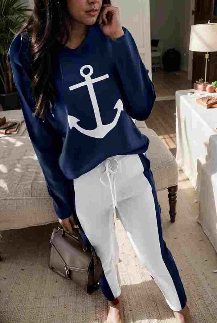 anchor print v neck long sleeve t shirt trousers two piece suit 140820