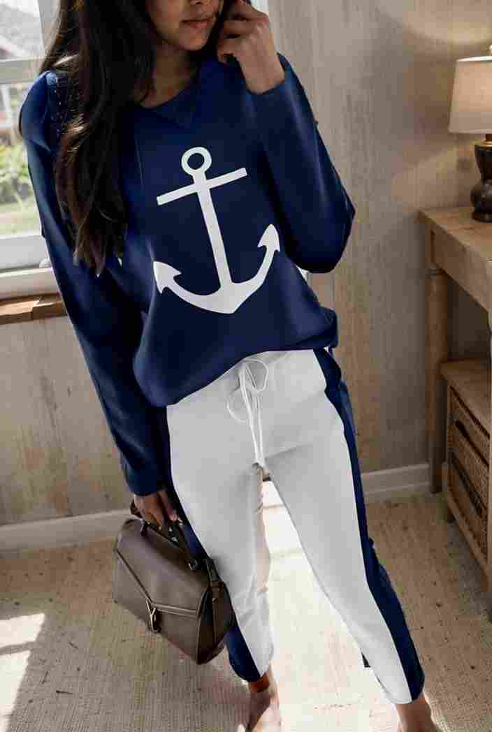 anchor print v neck long sleeve t shirt trousers two piece suit 105791