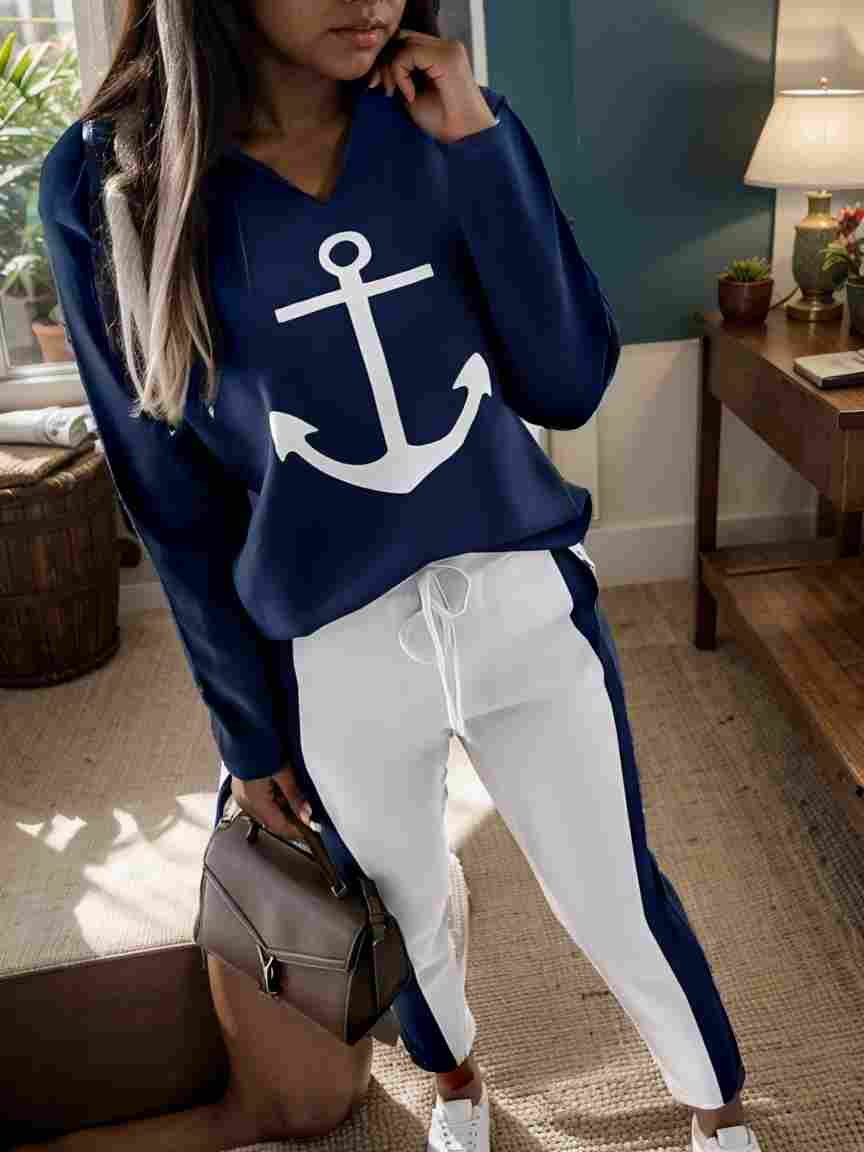 anchor print v neck long sleeve t shirt trousers two piece suit 138618