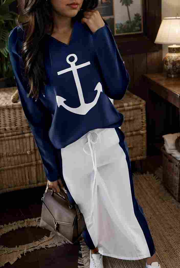 anchor print v neck long sleeve t shirt trousers two piece suit 132013