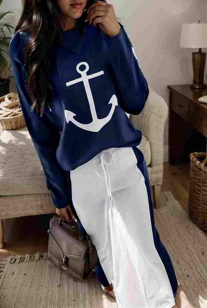 anchor print v neck long sleeve t shirt trousers two piece suit 109832