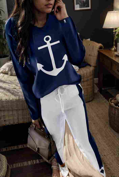 anchor print v neck long sleeve t shirt trousers two piece suit 144335