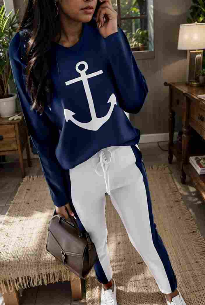 anchor print v neck long sleeve t shirt trousers two piece suit 124096