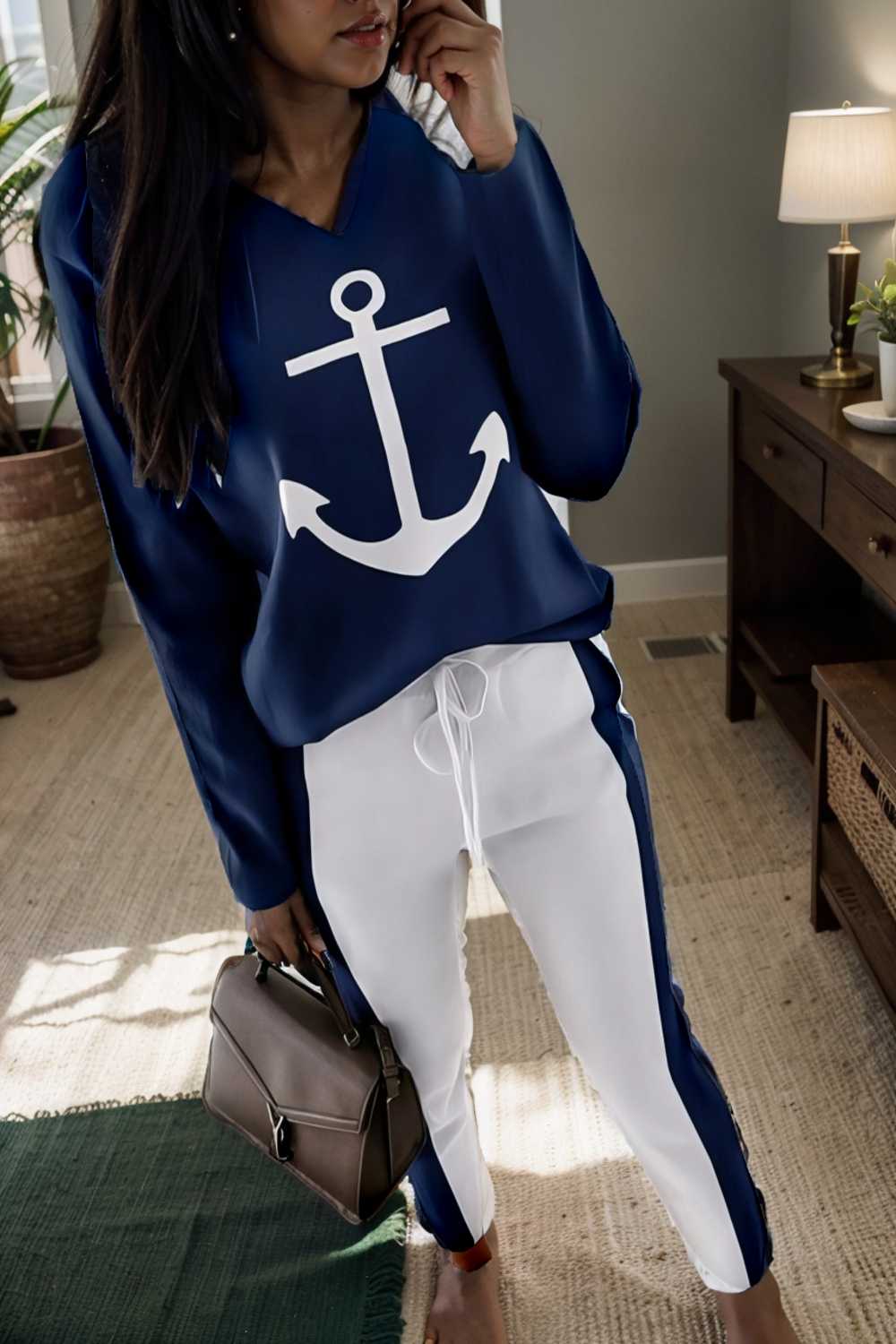 anchor print v neck long sleeve t shirt trousers two piece suit 126904