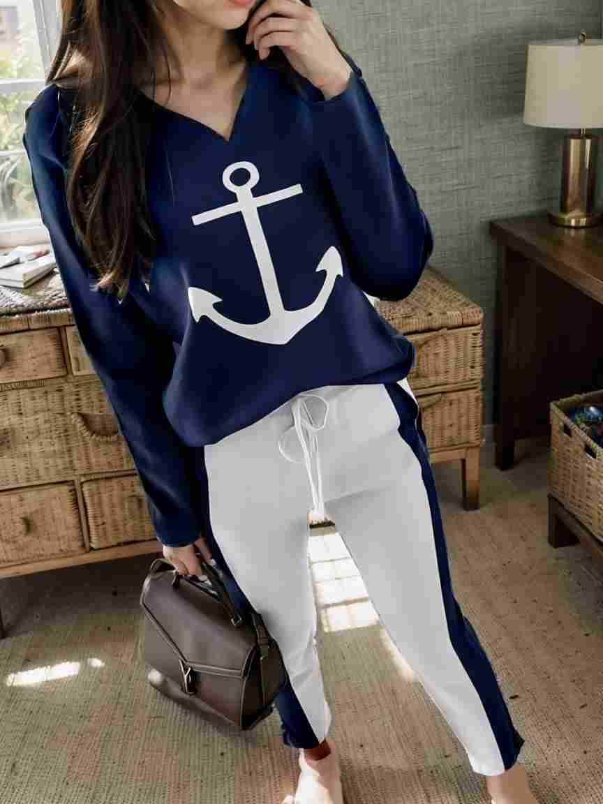 anchor print v neck long sleeve t shirt trousers two piece suit 146477