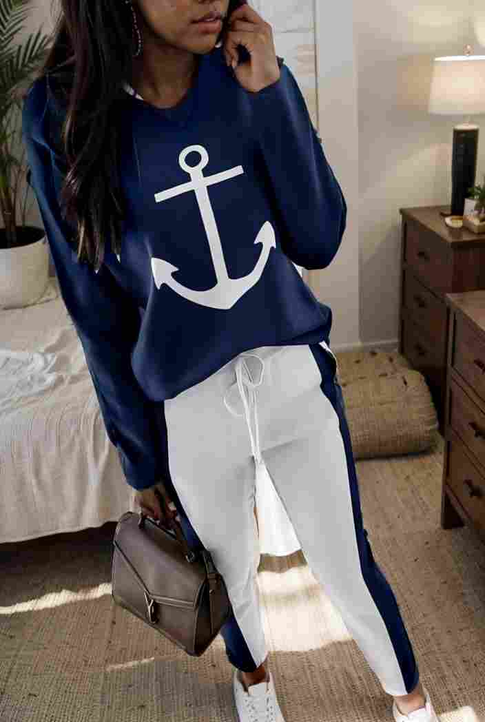 anchor print v neck long sleeve t shirt trousers two piece suit 121799