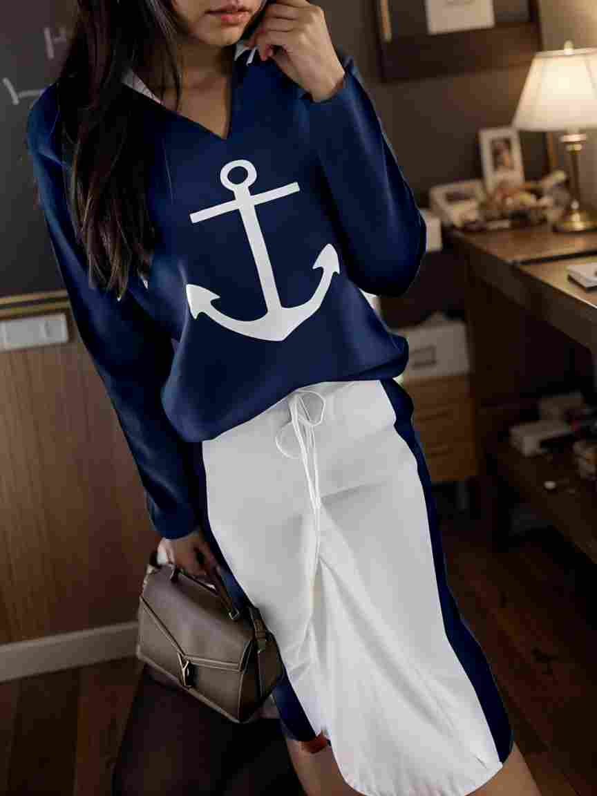 anchor print v neck long sleeve t shirt trousers two piece suit 123504