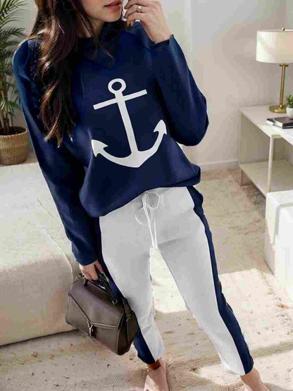 anchor print v neck long sleeve t shirt trousers two piece suit 111965