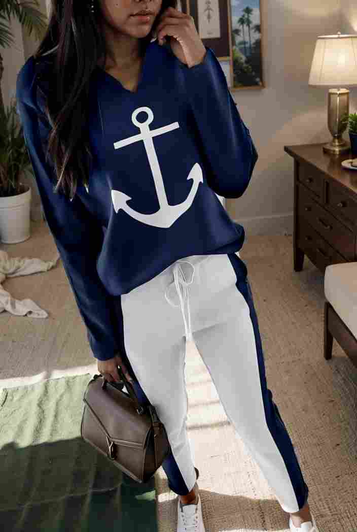 anchor print v neck long sleeve t shirt trousers two piece suit 111969