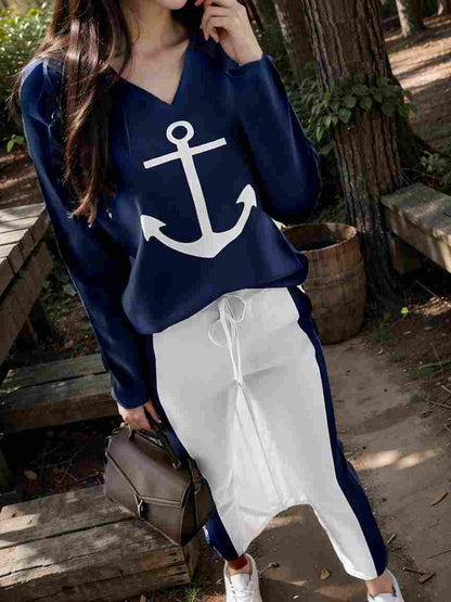 anchor print v neck long sleeve t shirt trousers two piece suit 106147