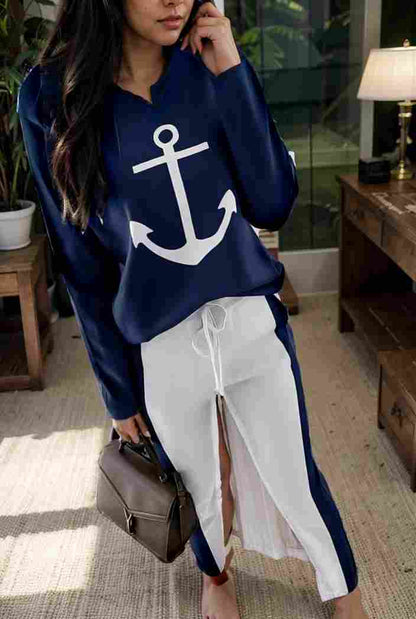 anchor print v neck long sleeve t shirt trousers two piece suit 136914