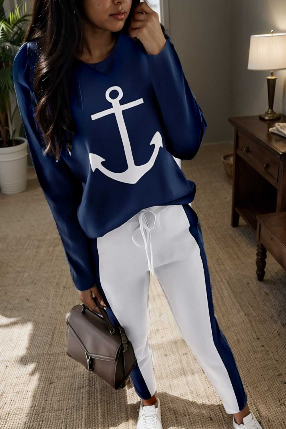 anchor print v neck long sleeve t shirt trousers two piece suit 149239