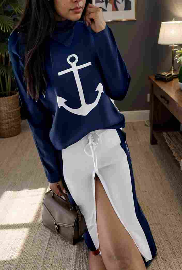 anchor print v neck long sleeve t shirt trousers two piece suit 120203