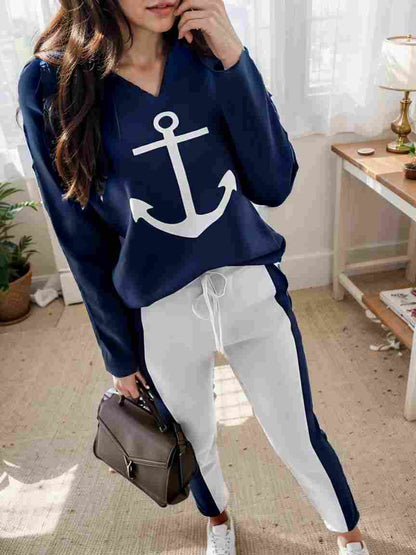 anchor print v neck long sleeve t shirt trousers two piece suit 118897