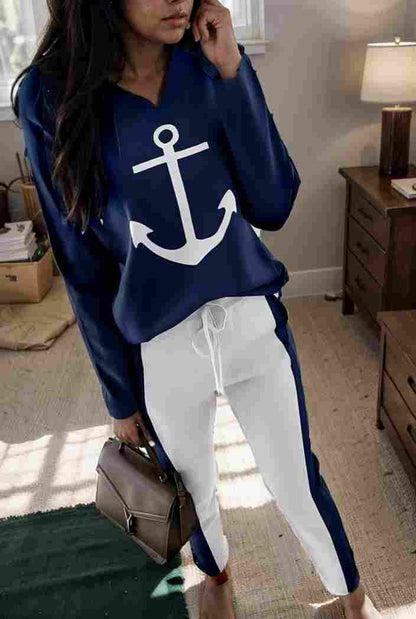 anchor print v neck long sleeve t shirt trousers two piece suit 111158