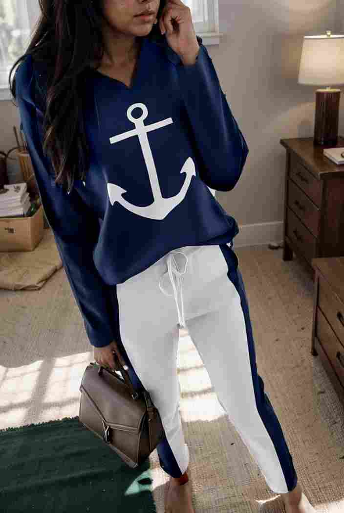 anchor print v neck long sleeve t shirt trousers two piece suit 108461