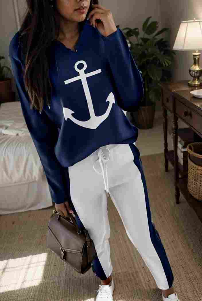 anchor print v neck long sleeve t shirt trousers two piece suit 136075