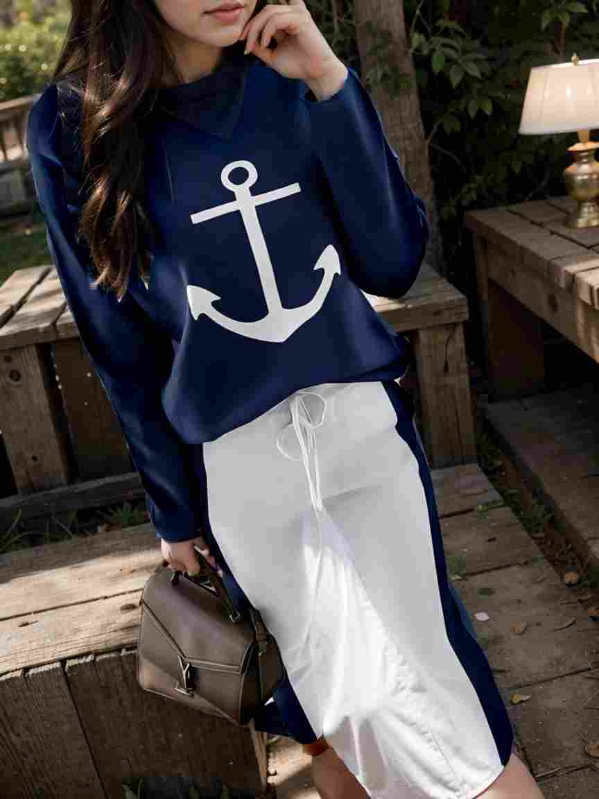 anchor print v neck long sleeve t shirt trousers two piece suit 117575