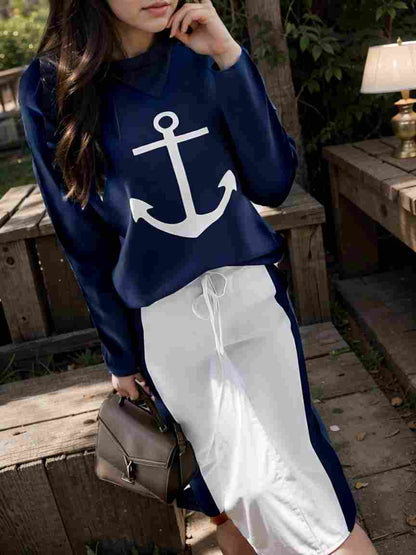 anchor print v neck long sleeve t shirt trousers two piece suit 110537