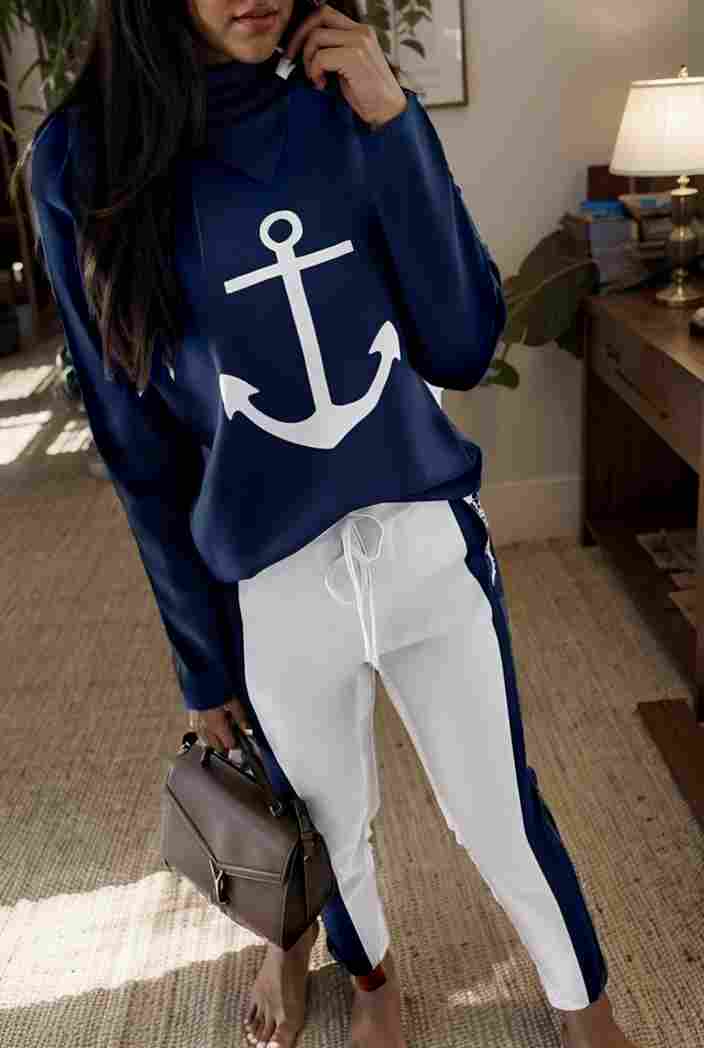 anchor print v neck long sleeve t shirt trousers two piece suit 133967